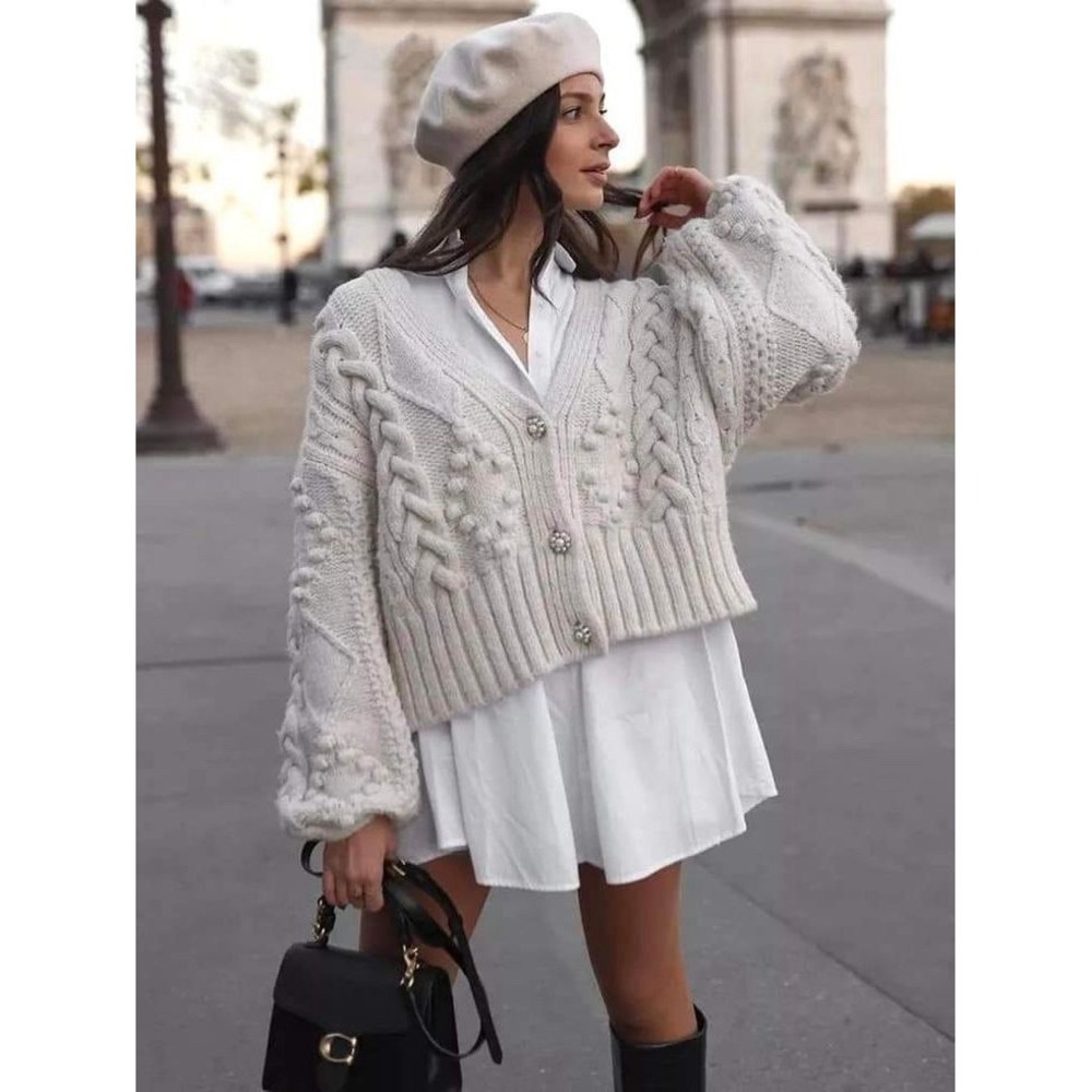 Zara Knit Cardigan Cable Knit Cream Pearl Button Cropped Sweater S Cozy Chic